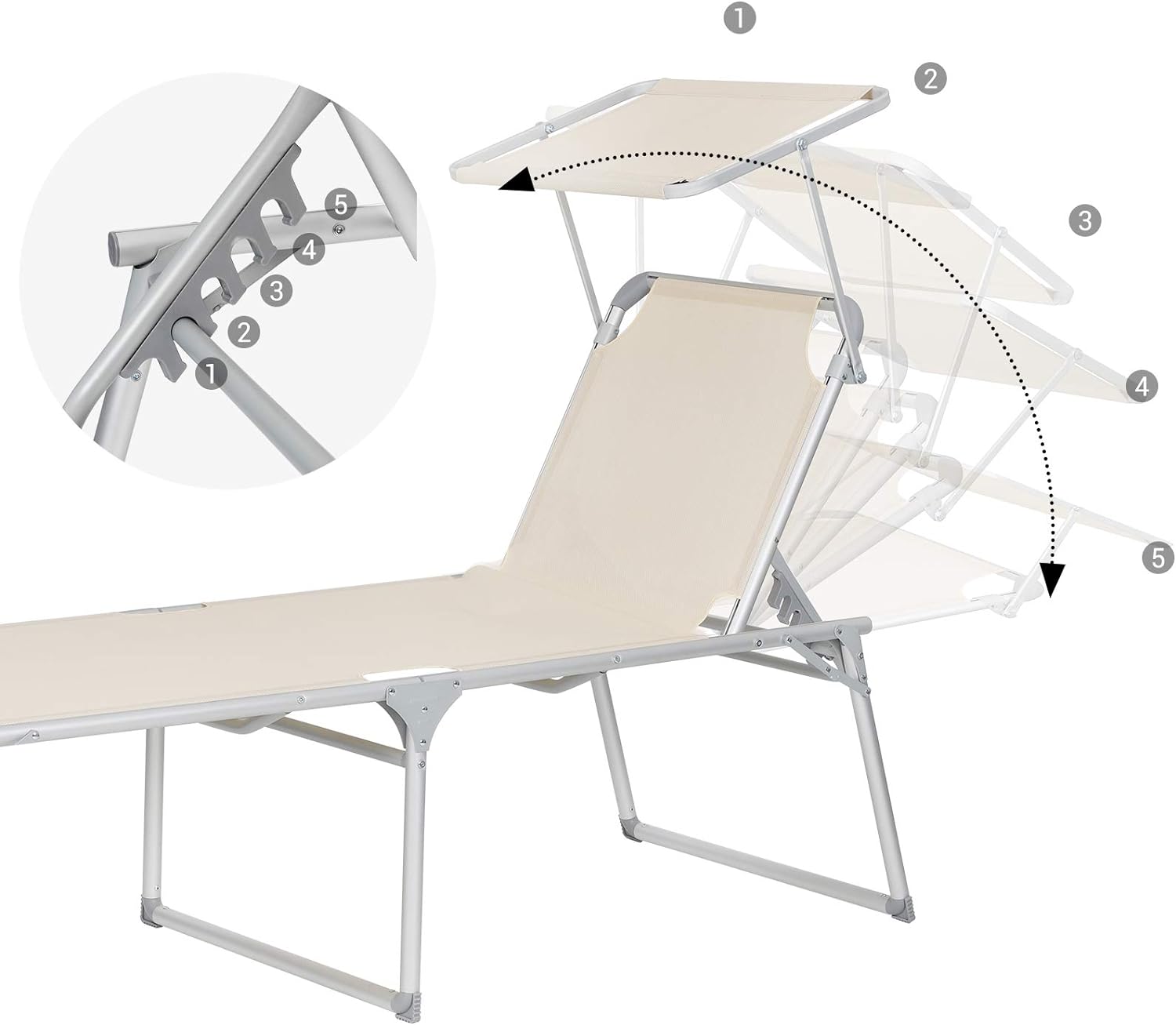 Solseng - SONGMICS Sun Lounger, Foldbar og Justerbar, 65 x 200 x 48 cm