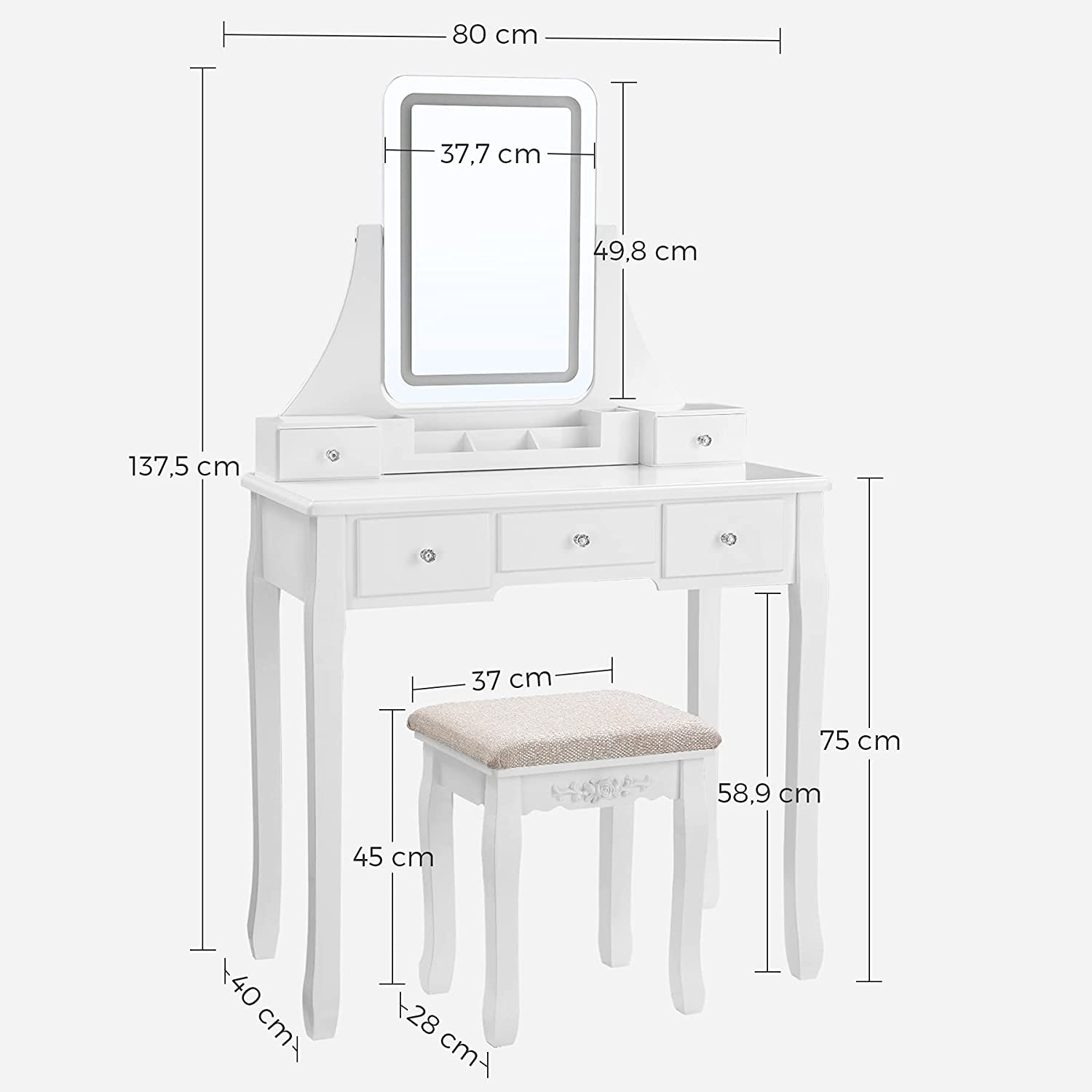 Sminkebord i klassisk design med spejl, lys og taburet - Hvid