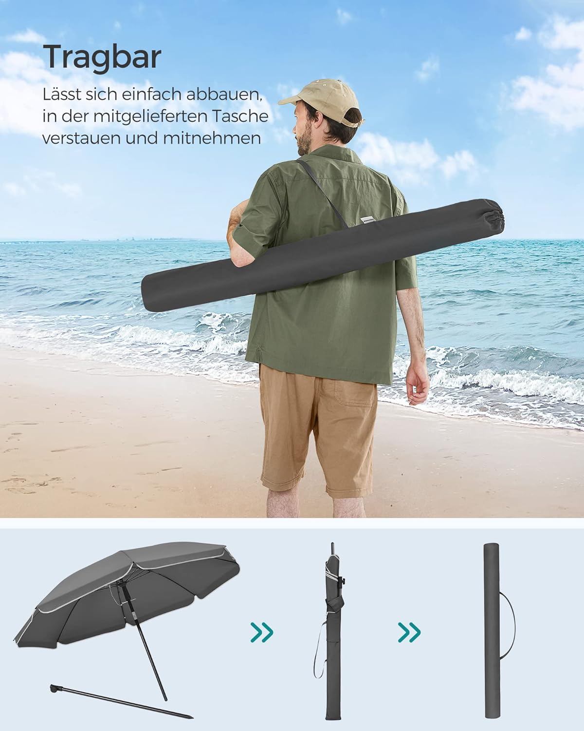 Minimalistisk strandparasol i sort (200cm)