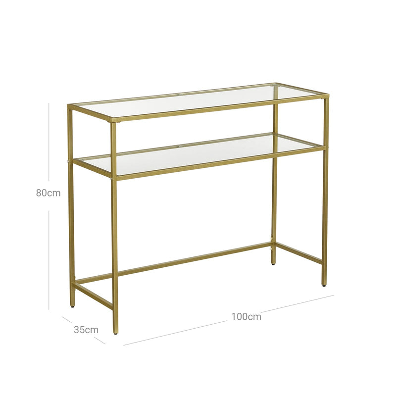 Konsolbord med glasplade og guldramme - m. 2 hylder