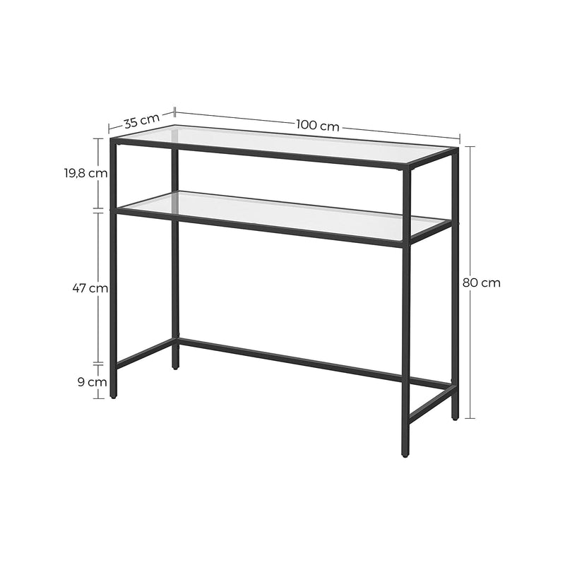 Konsolbord med glasplade og sort ramme - m. 2 hylder