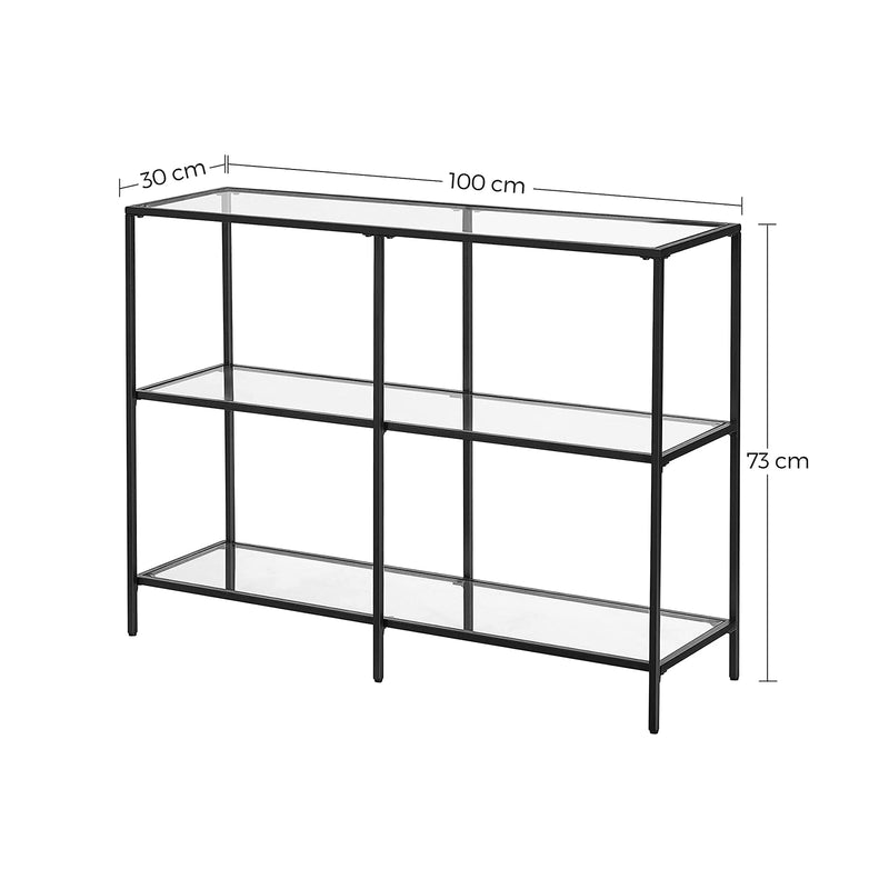 Konsolbord med glasplade og sort ramme - m. 3 hylder