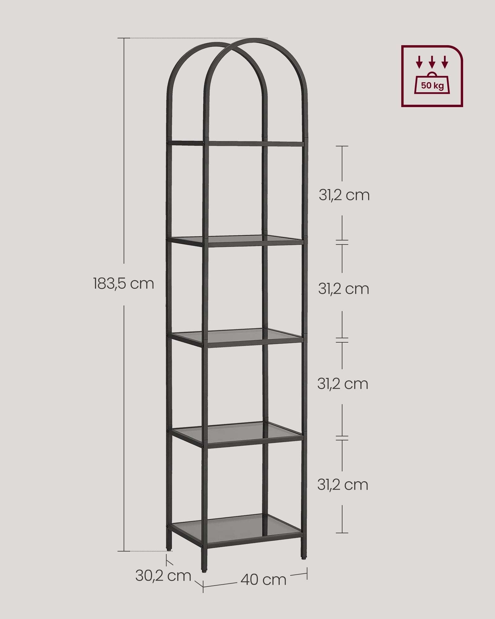 Reol i moderne design m. metalramme og glashylder - Reol -